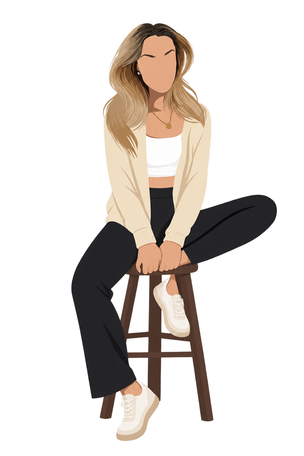 Illustration von Jasmin, entspannt sitzend in einem cremefarbenen Cardigan